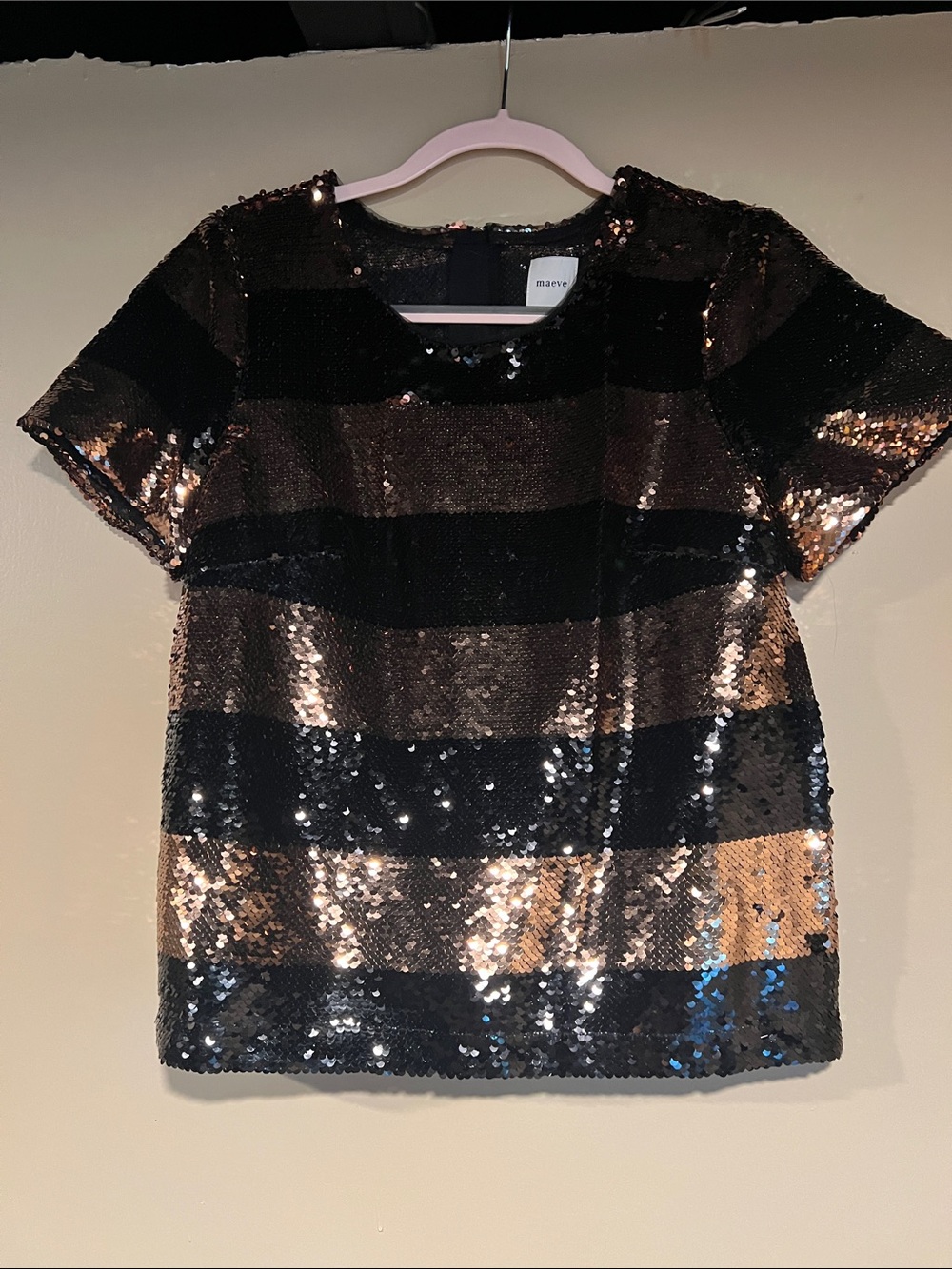 Maeve Black and Gold Sequin Striped Short Sleeve Top